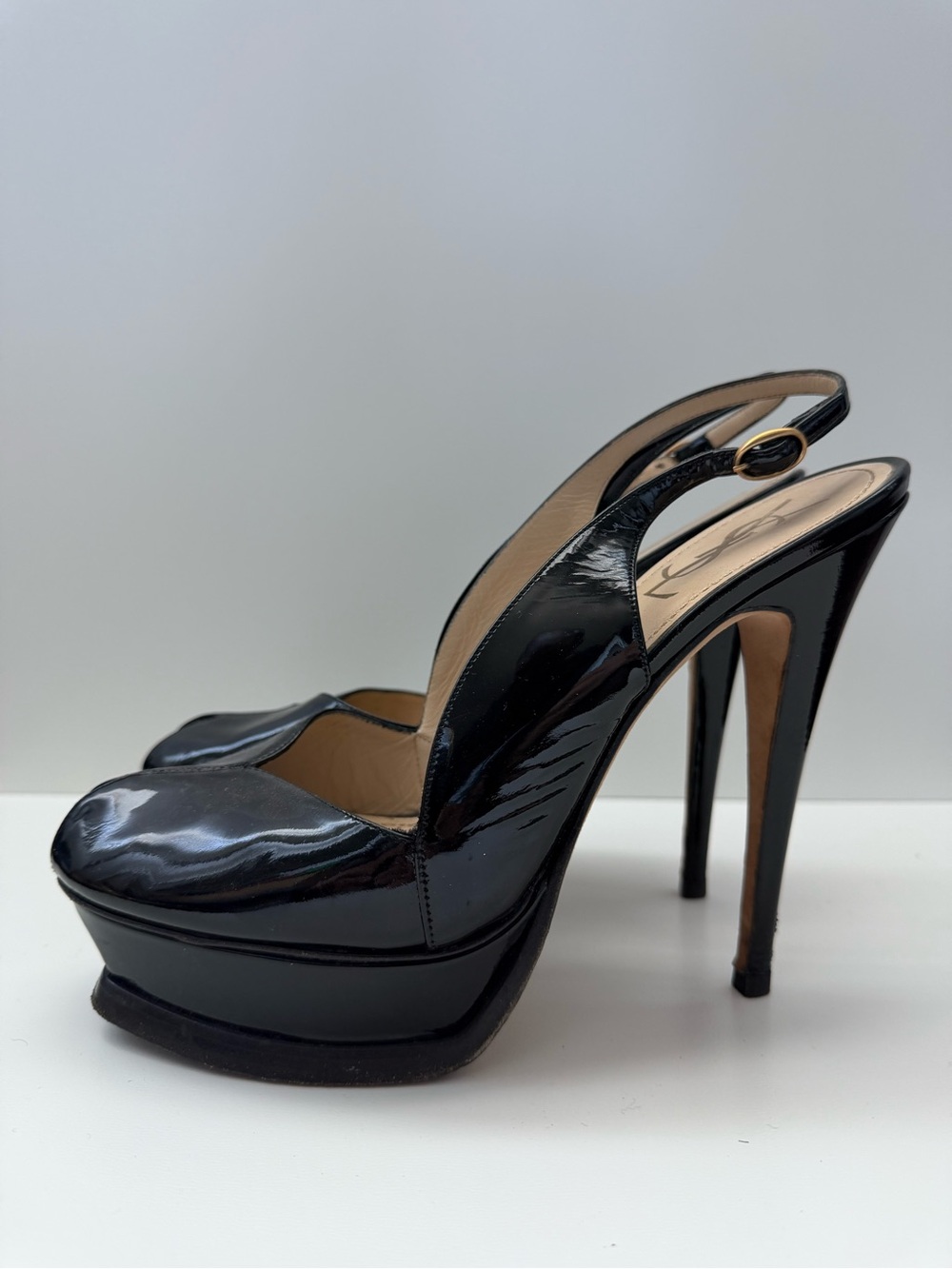 Yves Saint Laurent Black Patent Platform Slingback Pumps